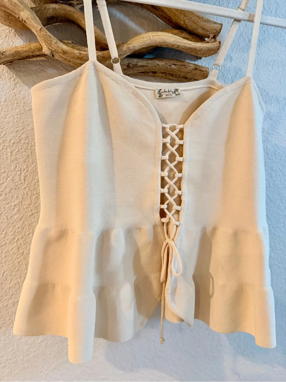 Free People Ivory Lace-Up Ribbed Cami Sz L Arlo lace up peplum tank top shirt